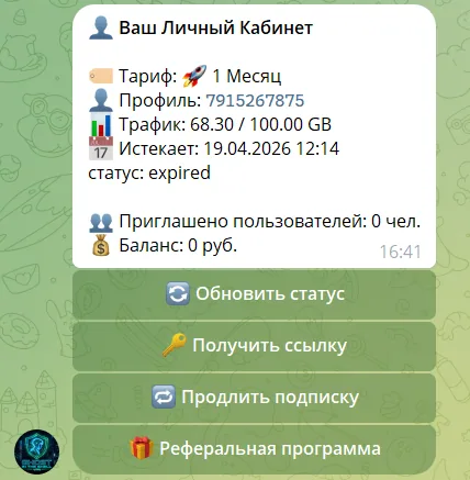 Ghost VPN — личный кабинет в Telegram-боте: тариф, трафик, дата истечения, кнопки действий